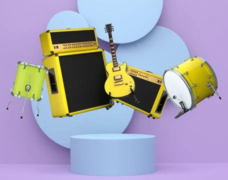 Set of guitars, drums, and amplifiers arranged on podium with abstract back.. Stockillustratie