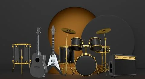 Set of guitars, drums, and amplifiers arranged on podium with abstract back.. Stockillustratie