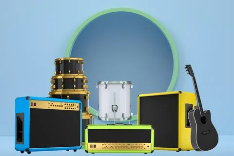 Set of guitars, drums, and amplifiers arranged on podium with abstract back.. イラスト素材