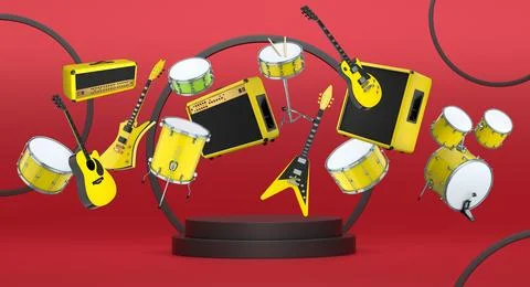 Set of guitars, drums, and amplifiers arranged on podium with abstract back.. Illustrazione stock