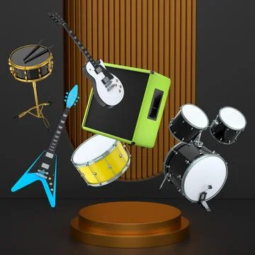 Set of guitars, drums, and amplifiers arranged on podium with abstract back.. Stock Illustration