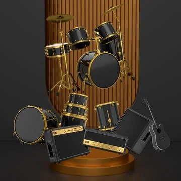 Set of guitars, drums, and amplifiers arranged on podium with abstract back.. Illustrazione stock