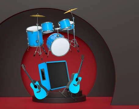 Set of guitars, drums, and amplifiers arranged on a circular podium with colo Stockillustratie