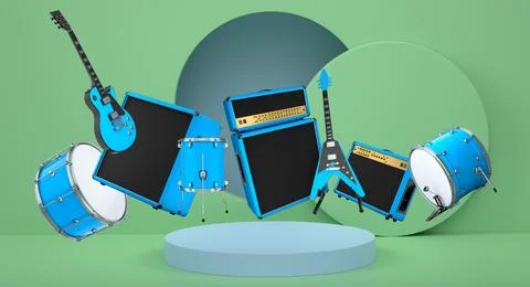 Set of guitars, drums, and amplifiers arranged on podium with abstract back.. Stockillustratie