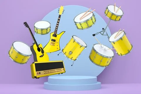 Set of guitars, drums, and amplifiers arranged on podium with abstract Stock Illustration