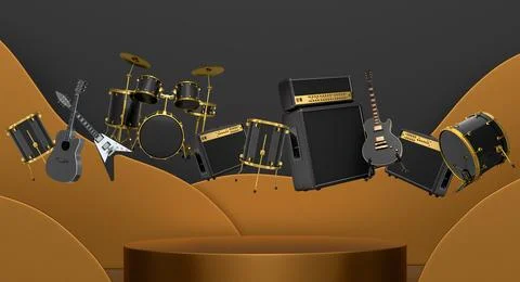 Set of guitars, drums, and amplifiers arranged on podium with abstract Illustrazione stock