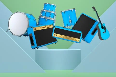 Set of guitars, drums, and amplifiers arranged on podium with abstract back.. Stock Illustration