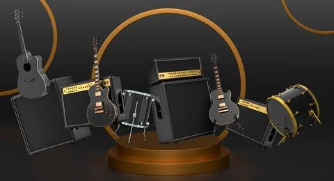 Set of guitars, drums, and amplifiers arranged on podium with abstract Illustrazione stock