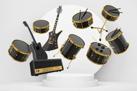 Set of guitars, drums, and amplifiers arranged on podium with abstract Stock Illustration