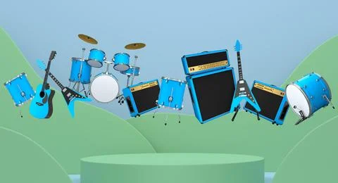 Set of guitars, drums, and amplifiers arranged on podium with abstract Stockillustratie