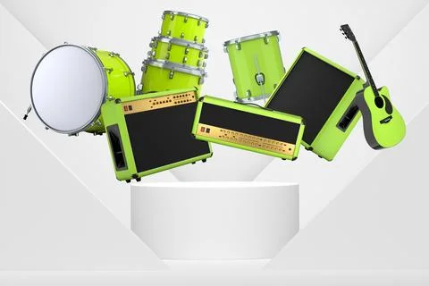 Set of guitars, drums, and amplifiers arranged on a circular podium with colo Stockillustratie