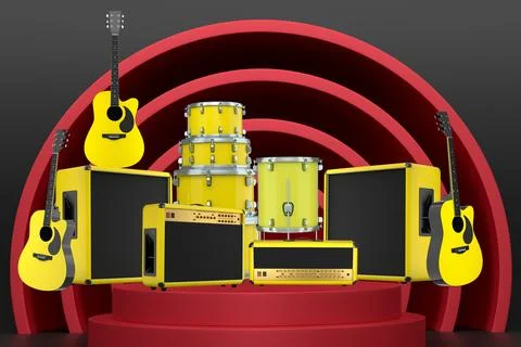 Set of guitars, drums, and amplifiers arranged on a circular podium with colo イラスト素材
