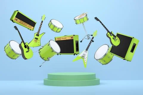 Set of guitars, drums, and amplifiers arranged on a circular podium with colo Illustrazione stock