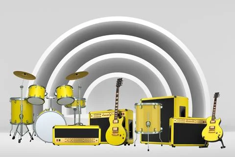 Set of guitars, drums, and amplifiers arranged on podium with abstract back.. Stock Illustration