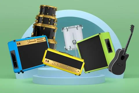 Set of guitars, drums, and amplifiers arranged on podium with abstract back.. Stock Illustration