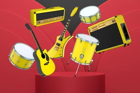 Set of guitars, drums, and amplifiers arranged on podium with abstract back.. イラスト素材