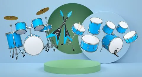 Set of guitars, drums, and amplifiers arranged on podium with abstract back.. Stockillustratie