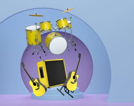 Set of guitars, drums, and amplifiers arranged on a circular podium with colo Illustrazione stock