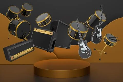 Set of guitars, drums, and amplifiers arranged on podium with abstract back.. Illustrazione stock