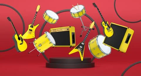 Set of guitars, drums, and amplifiers arranged on podium with abstract back.. Stock Illustration