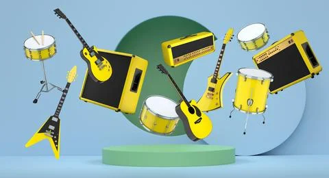 Set of guitars, drums, and amplifiers arranged on podium with abstract back.. Stock Illustration