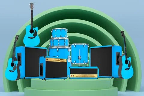 Set of guitars, drums, and amplifiers arranged on podium with abstract back.. イラスト素材