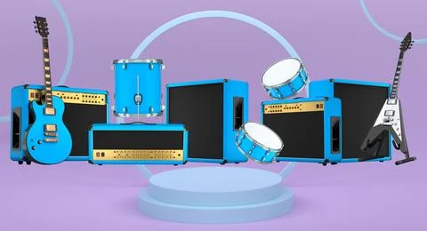 Set of guitars, drums, and amplifiers arranged on a circular podium with colo Stock Illustration