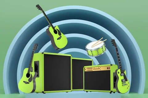 Set of guitars, drums, and amplifiers arranged on podium with abstract back.. Stockillustratie