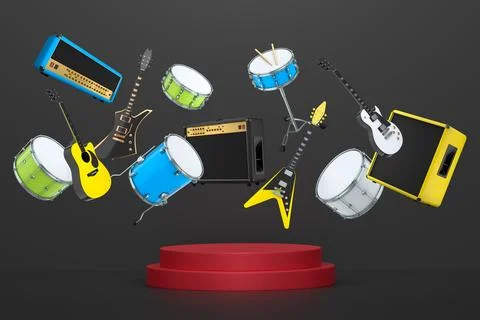 Set of guitars, drums, and amplifiers arranged on a circular podium with colo Stockillustratie