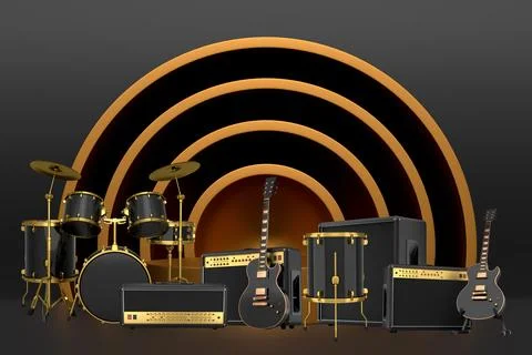 Set of guitars, drums, and amplifiers arranged on podium with abstract back.. Stock Illustration
