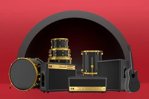Set of guitars, drums, and amplifiers arranged on a circular podium with colo Stock Illustration