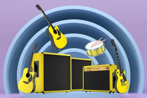 Set of guitars, drums, and amplifiers arranged on podium with abstract back.. 스톡 일러스트