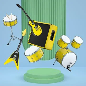 Set of guitars, drums, and amplifiers arranged on podium with abstract back.. 스톡 일러스트