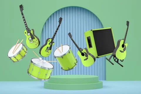Set of guitars, drums, and amplifiers arranged on podium with abstract back.. 스톡 일러스트