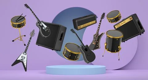 Set of guitars, drums, and amplifiers arranged on podium with abstract back.. 스톡 일러스트