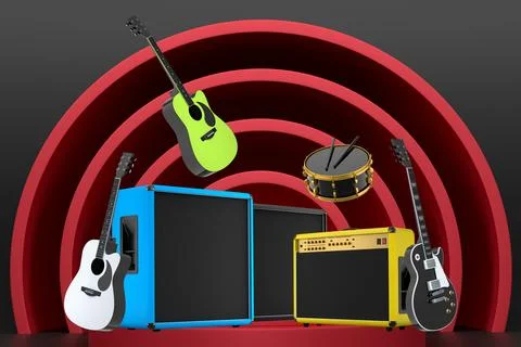 Set of guitars, drums, and amplifiers arranged on podium with abstract back.. Stock Illustration