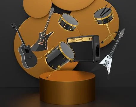 Set of guitars, drums, and amplifiers arranged on podium with abstract back.. イラスト素材