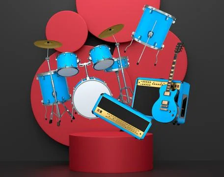 Set of guitars, drums, and amplifiers arranged on podium with abstract back.. イラスト素材