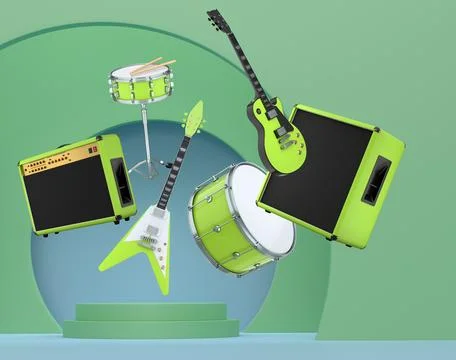Set of guitars, drums, and amplifiers arranged on podium with abstract back.. 스톡 일러스트