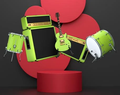 Set of guitars, drums, and amplifiers arranged on podium with abstract back.. 스톡 일러스트