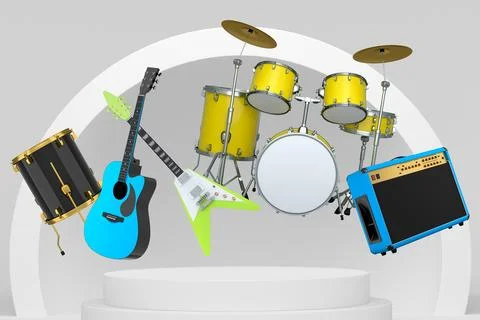 Set of guitars, drums, and amplifiers arranged on a circular podium with colo イラスト素材