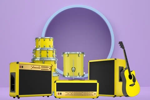 Set of guitars, drums, and amplifiers arranged on a circular podium with colo イラスト素材