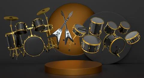 Set of guitars, drums, and amplifiers arranged on podium with abstract back.. イラスト素材