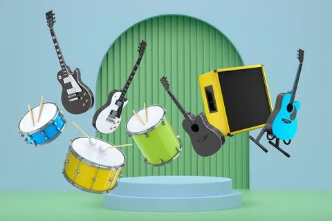 Set of guitars, drums, and amplifiers arranged on a circular podium with colo イラスト素材