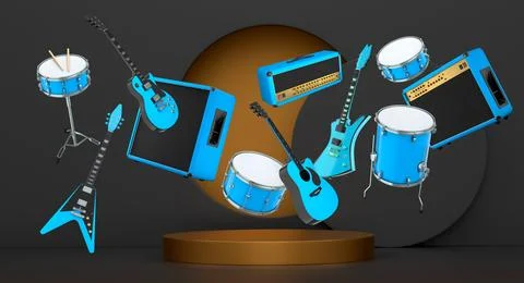 Set of guitars, drums, and amplifiers arranged on a circular podium with colo イラスト素材
