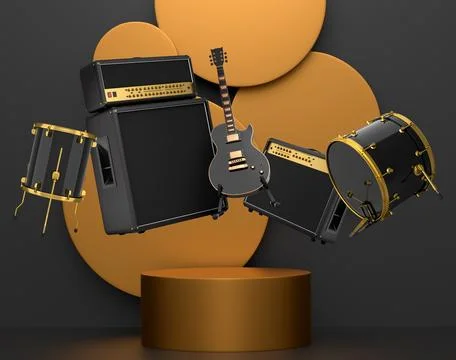 Set of guitars, drums, and amplifiers arranged on podium with abstract back.. イラスト素材