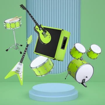 Set of guitars, drums, and amplifiers arranged on podium with abstract back.. Stock Illustration