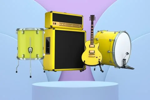 Set of guitars, drums, and amplifiers arranged on a circular podium with colo Stock Illustration