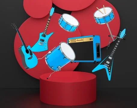 Set of guitars, drums, and amplifiers arranged on a circular podium with colo イラスト素材
