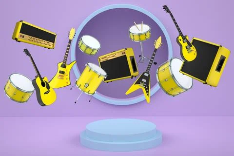Set of guitars, drums, and amplifiers arranged on podium with abstract back.. イラスト素材